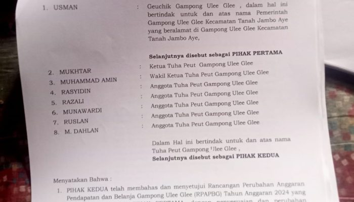 Geuchik Ulee Glee Tanah Jambo Aye Diduga Suruh Calon Tuha Peuet Tanda Tangan Rancangan Qanun Perubahan APBG 2024