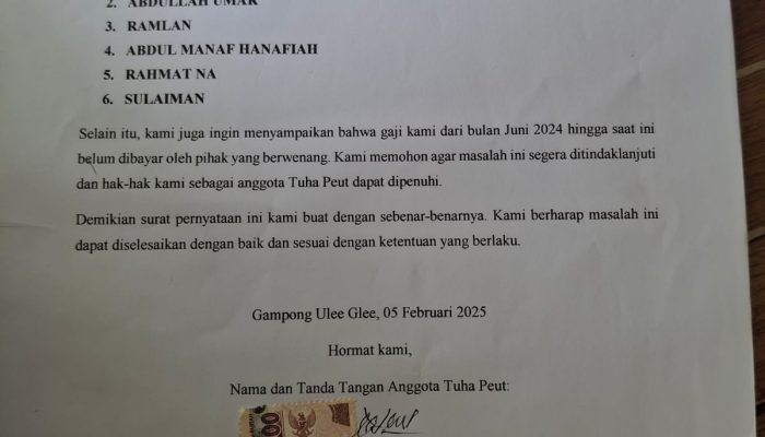 Tanda Tangan Tuha Peuet Ulee Glee Diduga Dipalsukan dan Gaji Selama 3 Bulan Belum Dibayarkan